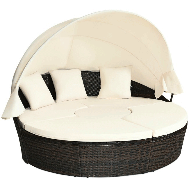 Premium Round Outdoor Patio Rattan Daybed W/ Canopy & Table, 76"