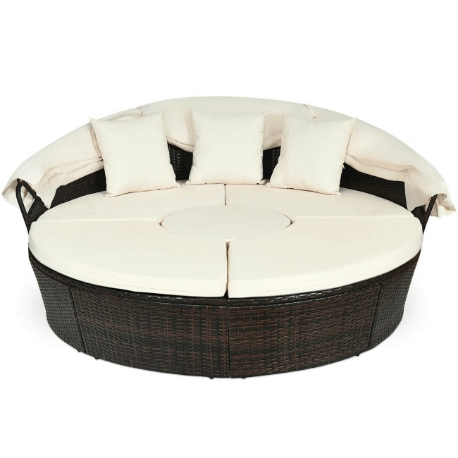 Premium Round Outdoor Patio Rattan Daybed W/ Canopy & Table, 76"