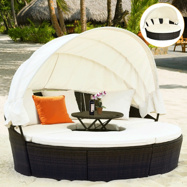 Premium Round Outdoor Patio Rattan Daybed W/ Canopy & Table, 76"