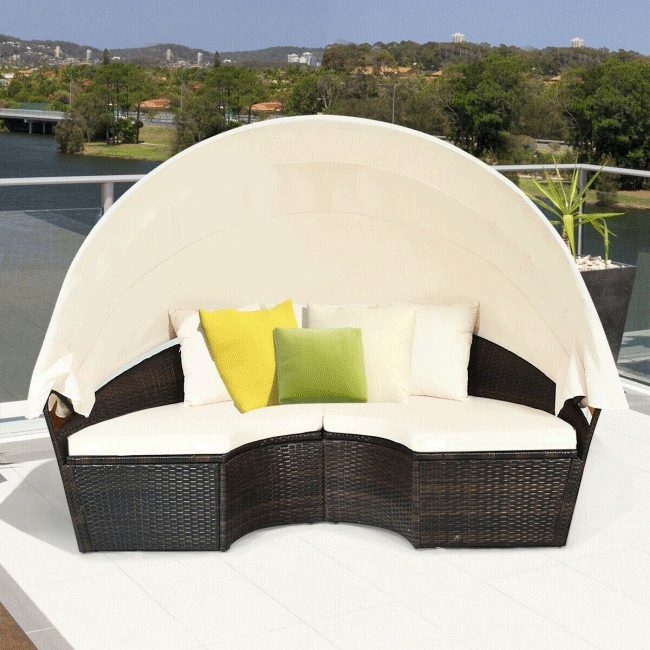 Premium Round Outdoor Patio Rattan Daybed W/ Canopy & Table, 76"
