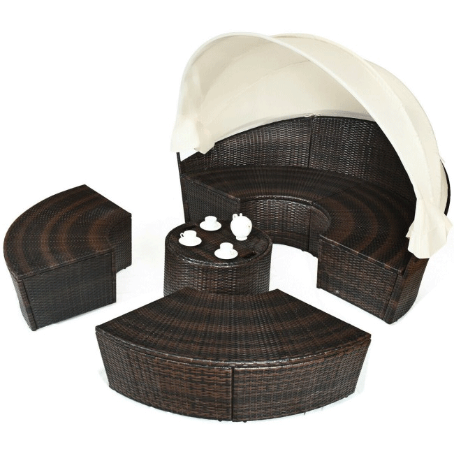 Premium Round Outdoor Patio Rattan Daybed W/ Canopy & Table, 76"