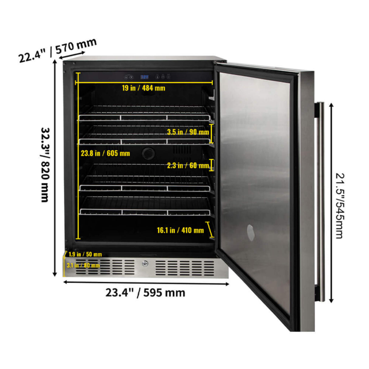 Premium Single Door Stainless Steel Built-In Wine Beverage Undercounter Refrigerator, 5.3 Cu.Ft.