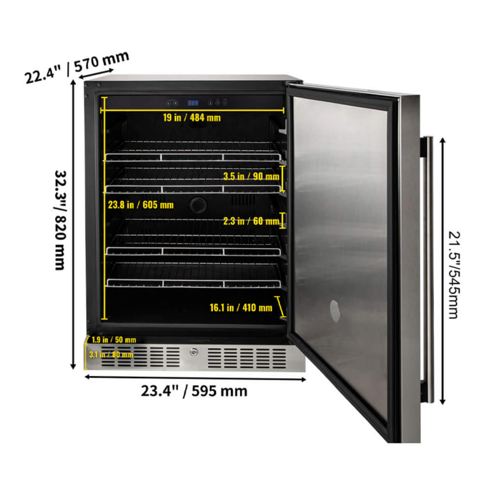 Premium Single Door Stainless Steel Built-In Wine Beverage Undercounter Refrigerator, 5.3 Cu.Ft.