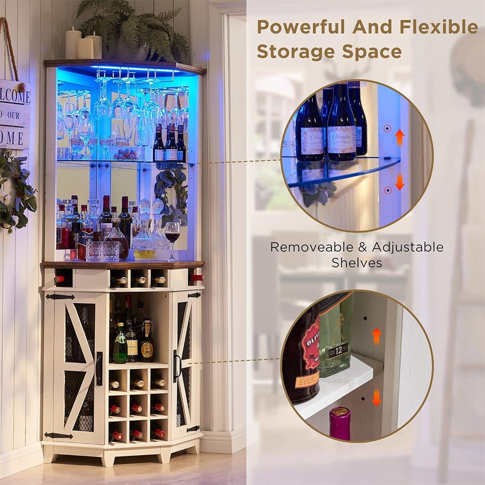 Premium Tall Corner Wine Bar Storage Cabinet W/ Bar Door And LED Lights, 72" (97316452)