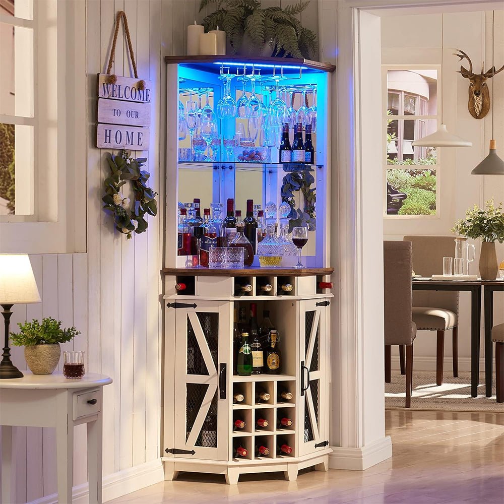 Premium Tall Corner Wine Bar Storage Cabinet W/ Bar Door And LED Lights, 72" (97316452)