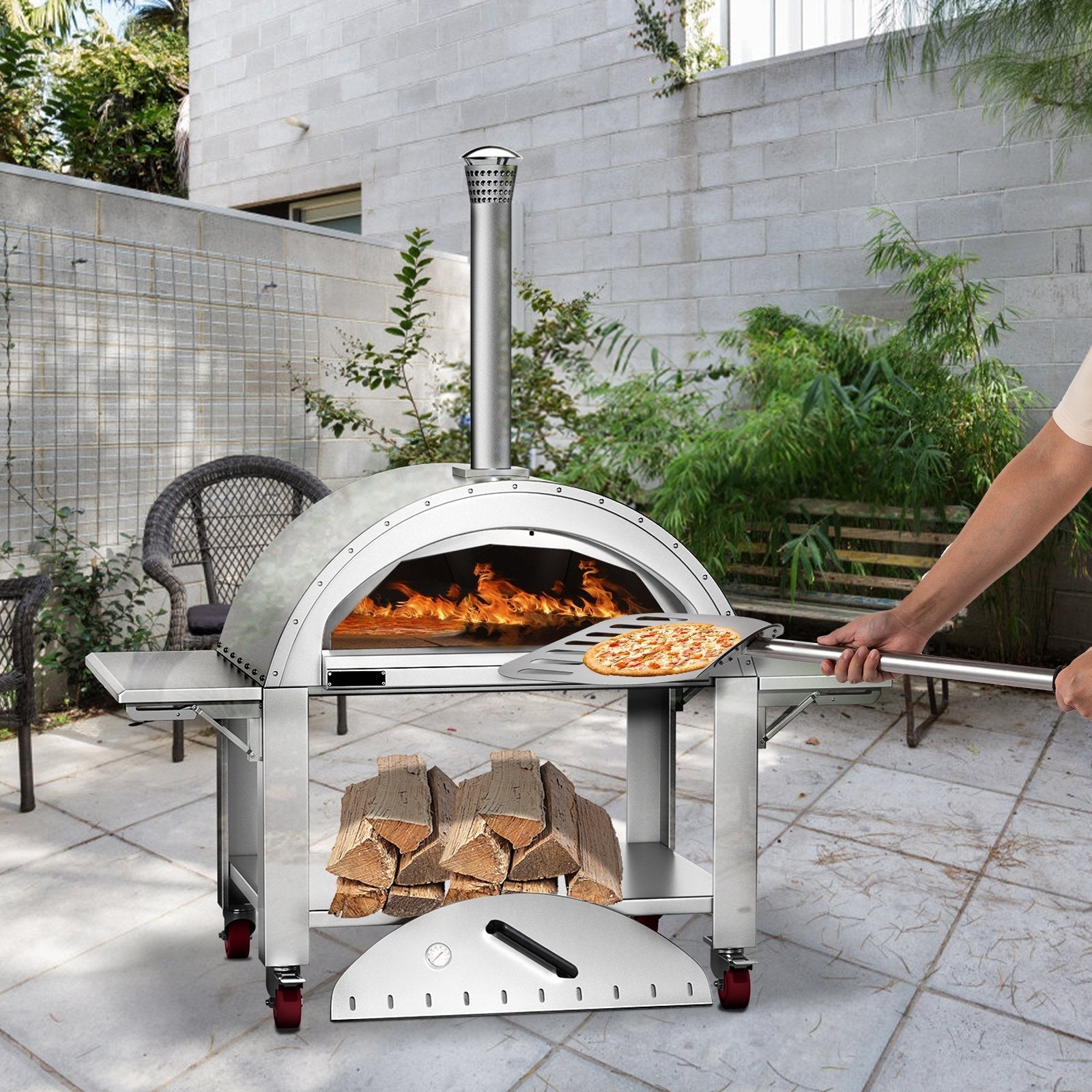 Premium Wood-Fired Stainless Steel Artisan Pizza Oven Maker With Wheels, 46 Inch