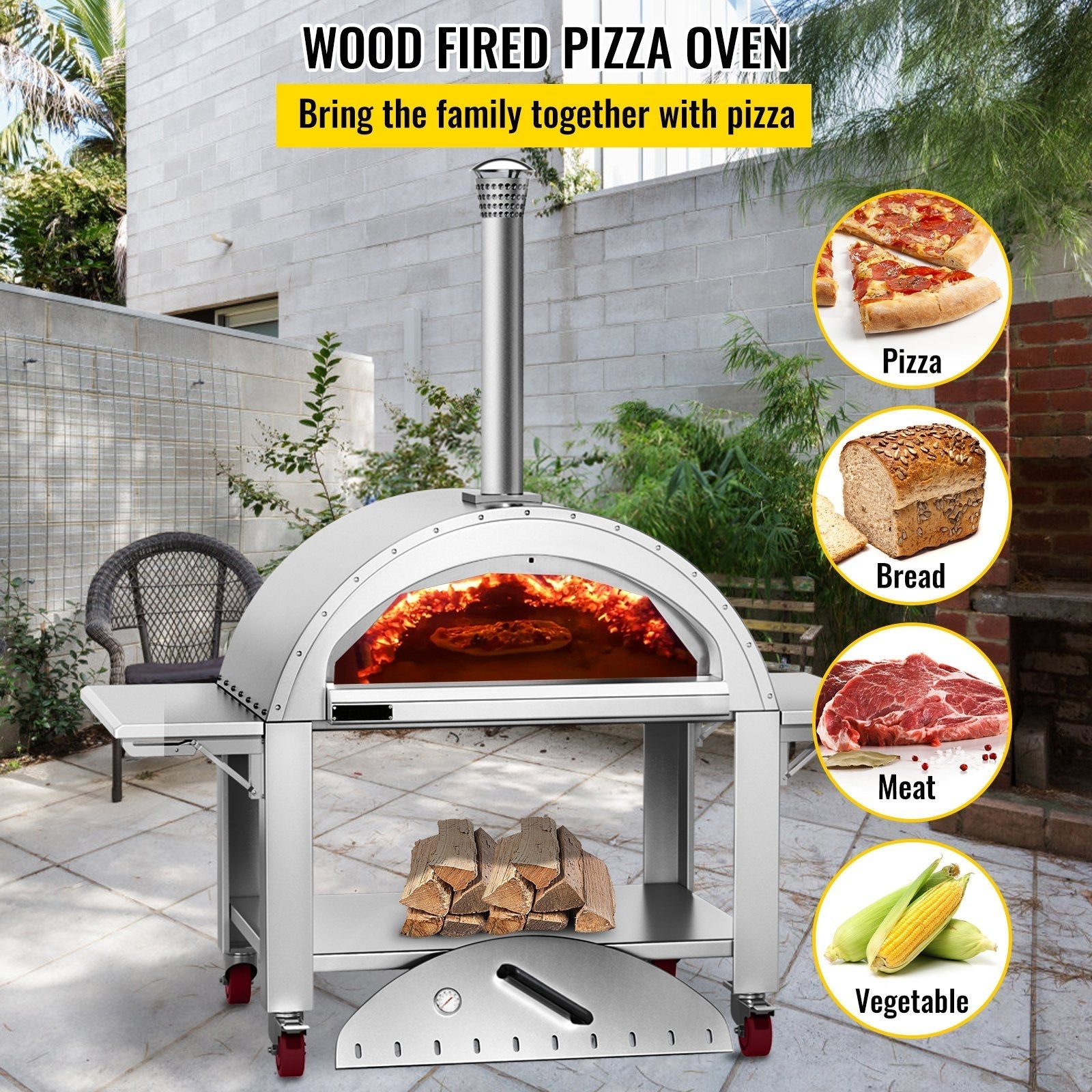 Premium Wood-Fired Stainless Steel Artisan Pizza Oven Maker With Wheels, 46 Inch