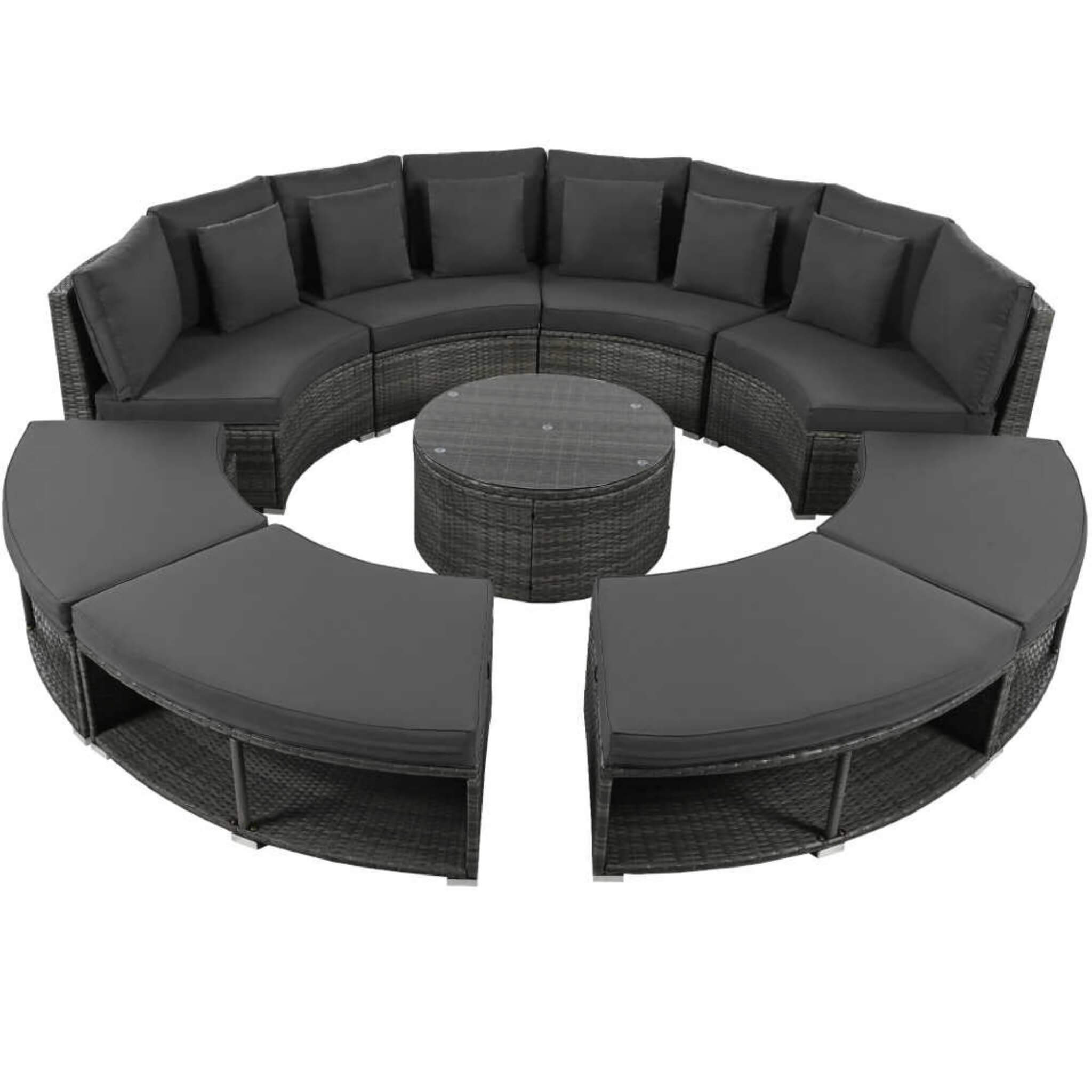 Elegant Beige Circular Rattan Patio Sofa Set With Tempered Glass Coffee Table And 6 Pillows