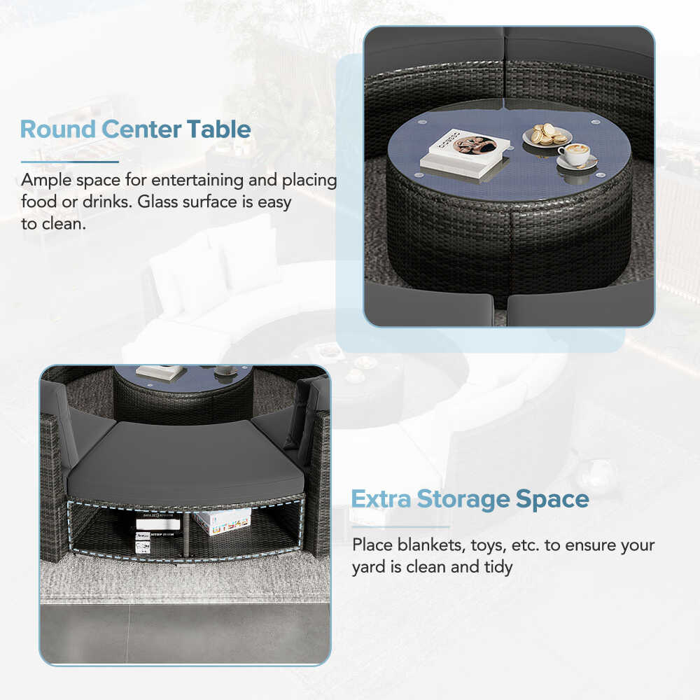 Large Premium Rattan Wicker Circular Patio Sofa Set With Tempered Glass Coffee Table And 6 Pillows