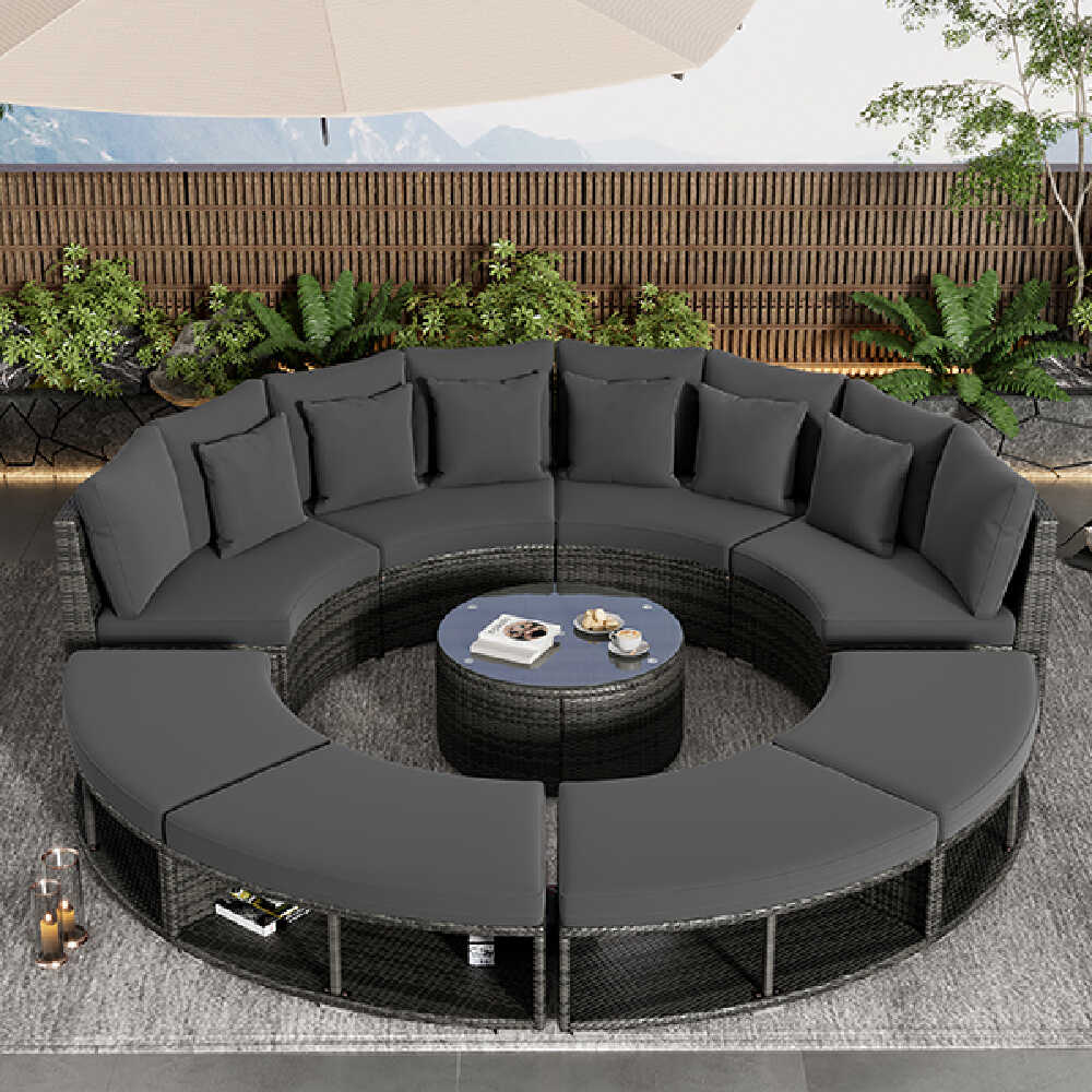 Large Premium Rattan Wicker Circular Patio Sofa Set With Tempered Glass Coffee Table And 6 Pillows
