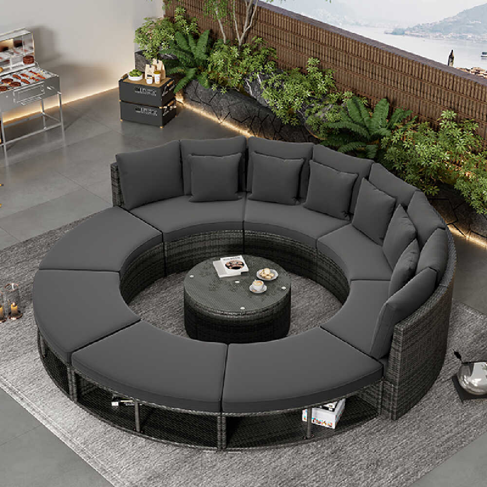 Large Premium Rattan Wicker Circular Patio Sofa Set With Tempered Glass Coffee Table And 6 Pillows