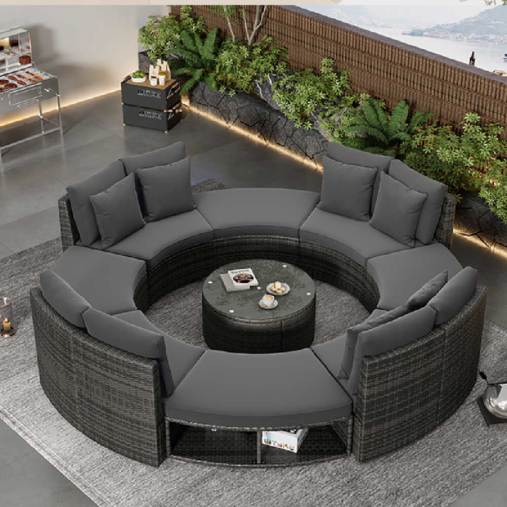 Large Premium Rattan Wicker Circular Patio Sofa Set With Tempered Glass Coffee Table And 6 Pillows