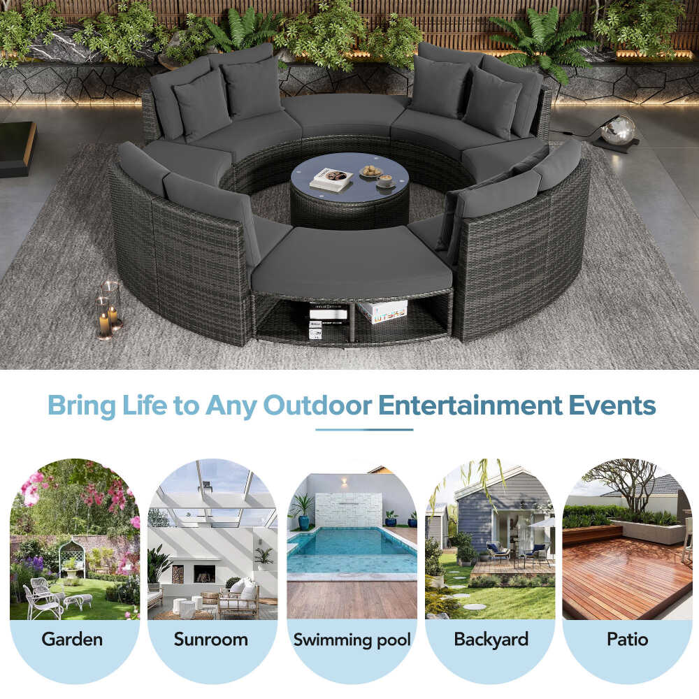 Large Premium Rattan Wicker Circular Patio Sofa Set With Tempered Glass Coffee Table And 6 Pillows