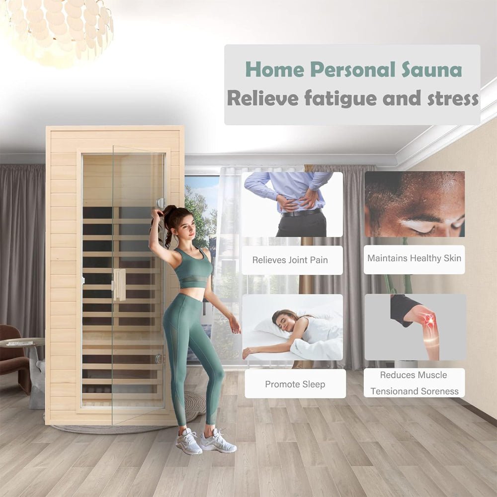 Single-Person Indoor Low EMF FAR Infrared Heat Hemlock Wood Personal Home Spa Sauna, 1200W