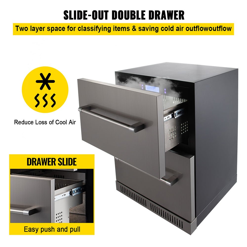Small Double Drawer Stainless Steel Built-In Undercounter Beverage Refrigerator, 5.1 Cu.Ft.