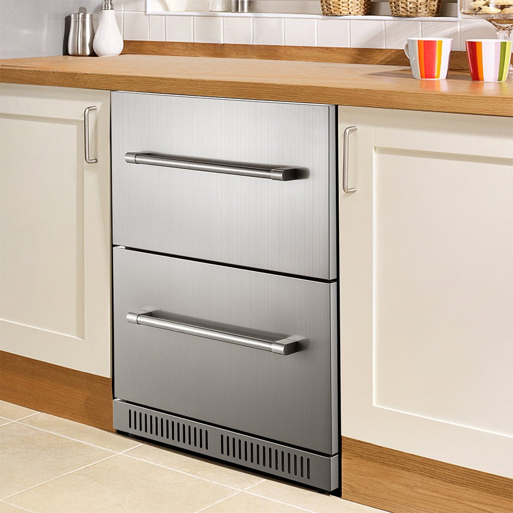 Small Double Drawer Stainless Steel Built-In Undercounter Beverage Refrigerator, 5.1 Cu.Ft.