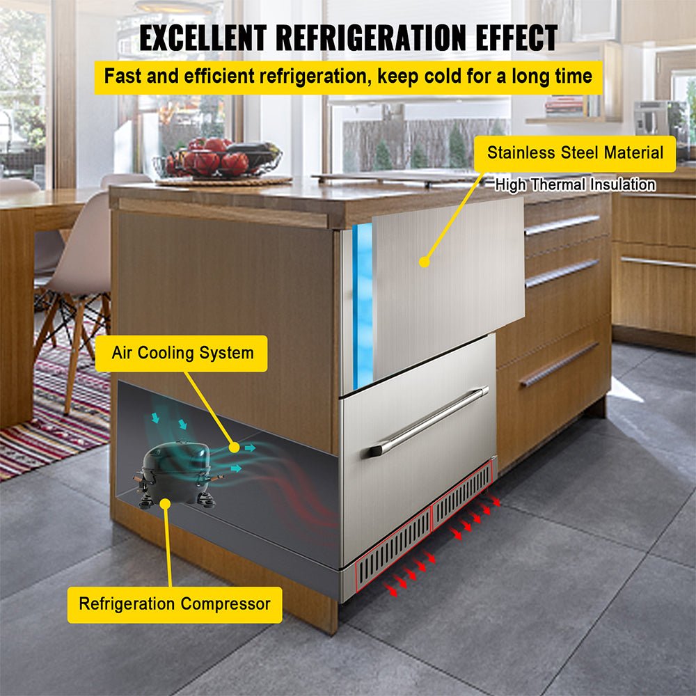 Small Double Drawer Stainless Steel Built-In Undercounter Beverage Refrigerator, 5.1 Cu.Ft.