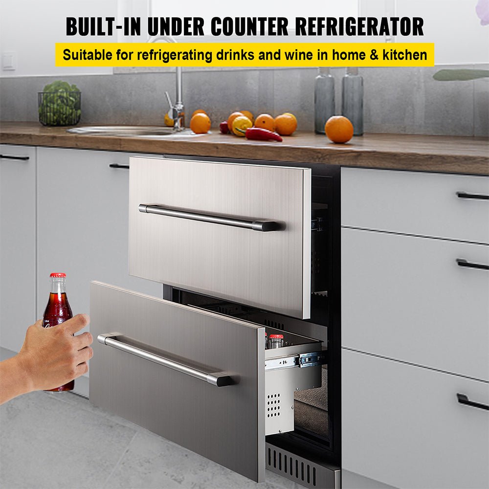 Small Double Drawer Stainless Steel Built-In Undercounter Beverage Refrigerator, 5.1 Cu.Ft.