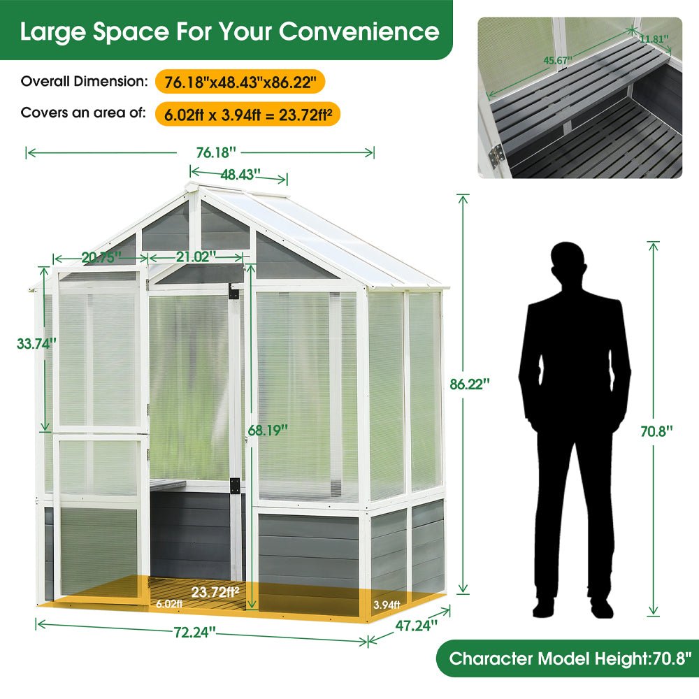 Outdoor Walk-In Polycarbonate Garden Greenhouse With Drain Holes, 4x6FT