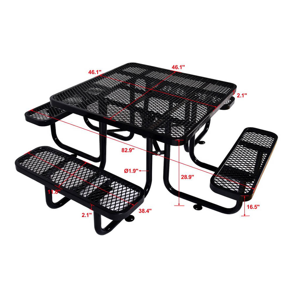 Large 46" Stylish Black Square Steel Picnic Table W/ Thermoplastic Coating & Umbrella Pole