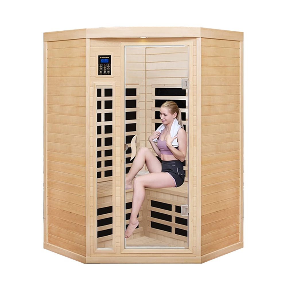 Two-Person Corner Space Infrared Wooden Sauna Room With Bluetooth Speakers, 1600W