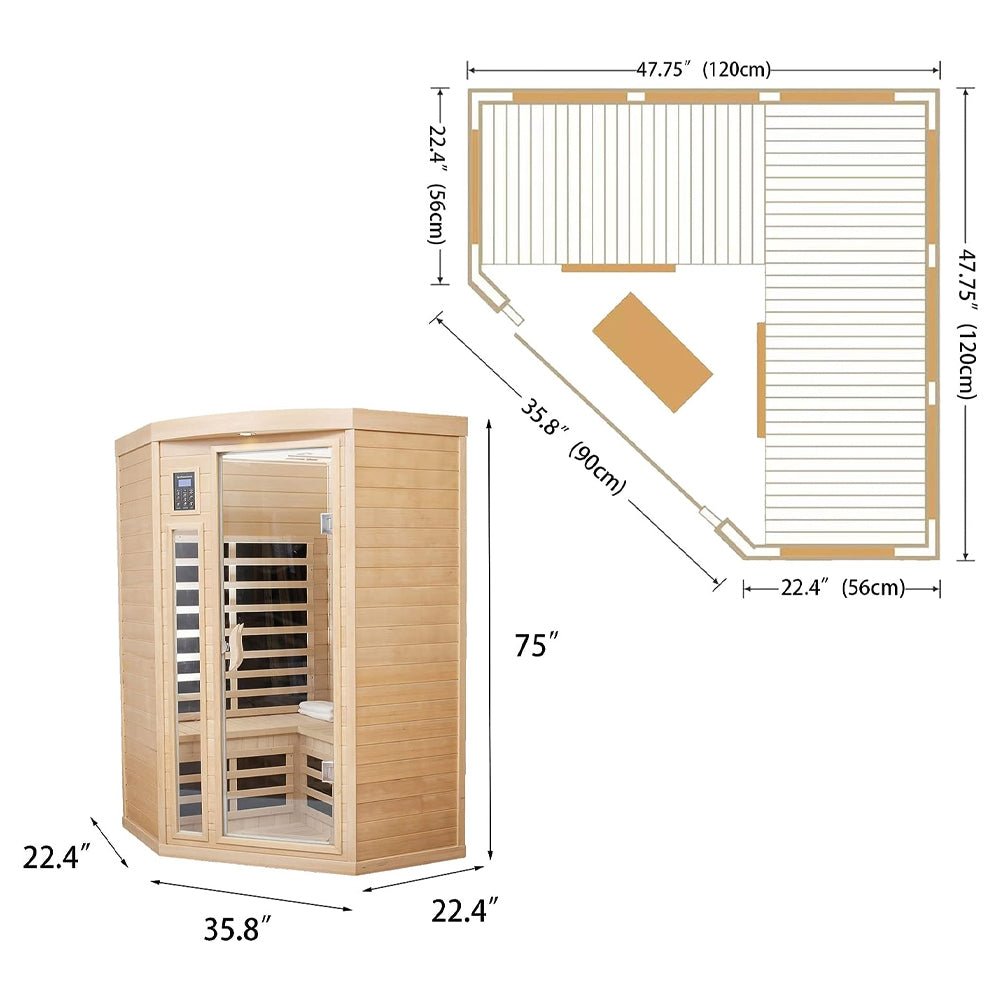 Two-Person Corner Space Infrared Wooden Sauna Room With Bluetooth Speakers, 1600W