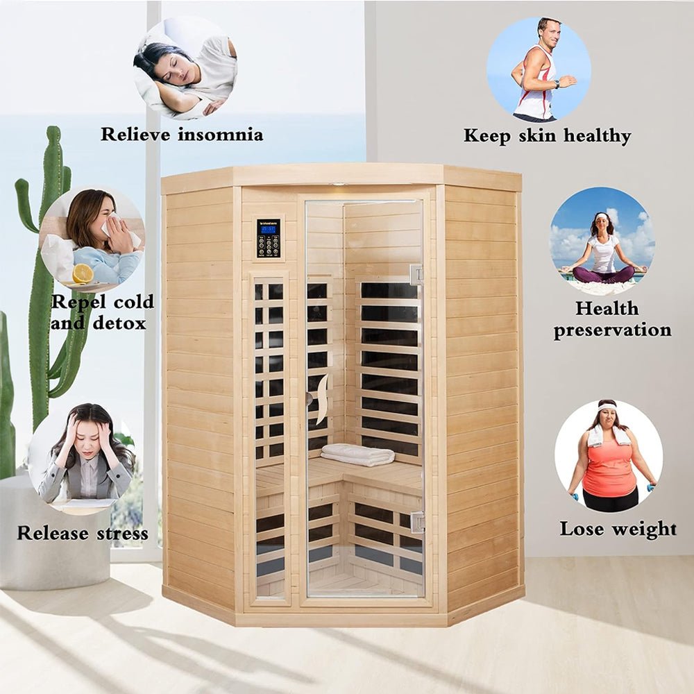 Two-Person Corner Space Infrared Wooden Sauna Room With Bluetooth Speakers, 1600W