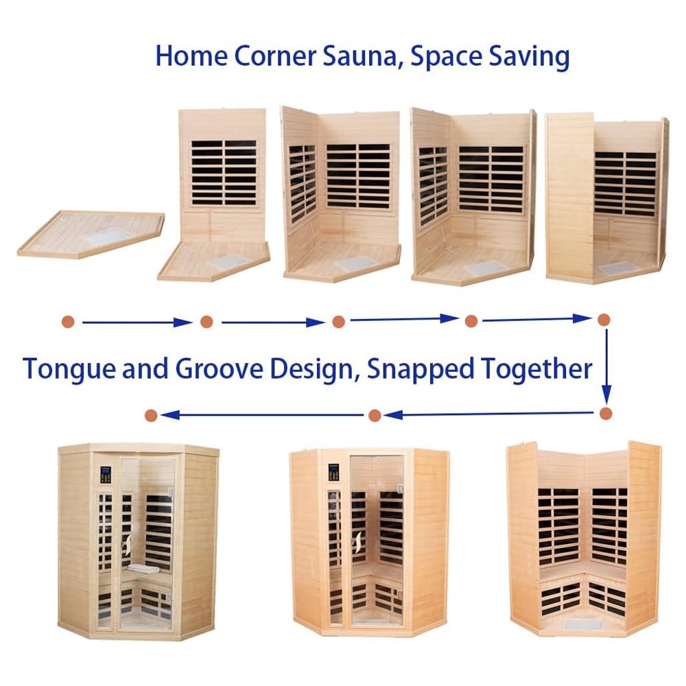 Two-Person Corner Space Infrared Wooden Sauna Room With Bluetooth Speakers, 1600W