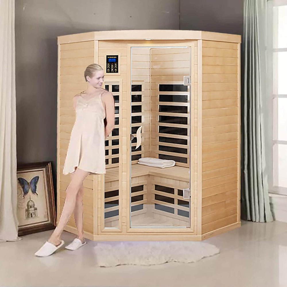 Two-Person Corner Space Infrared Wooden Sauna Room With Bluetooth Speakers, 1600W