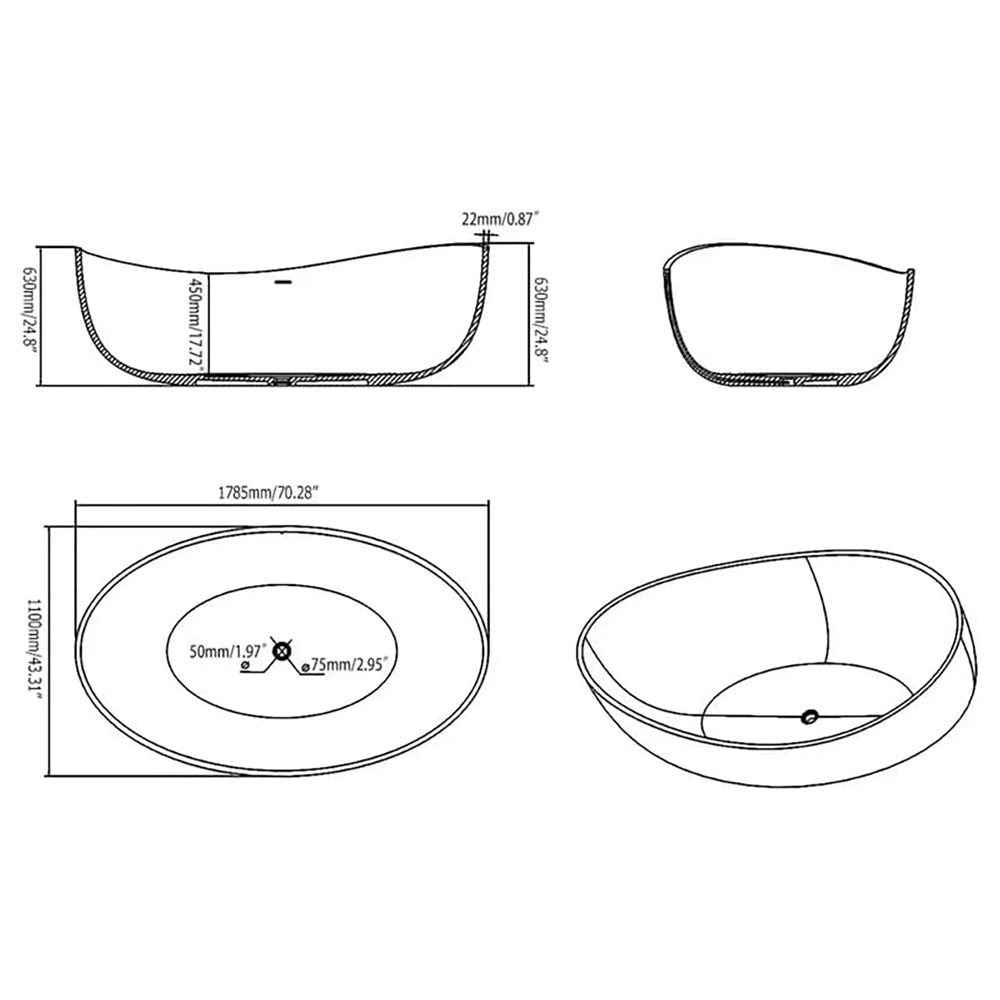 WBT Premium Freestanding Extra Large Oval Stone Besin Soaking Bathtub, 71"