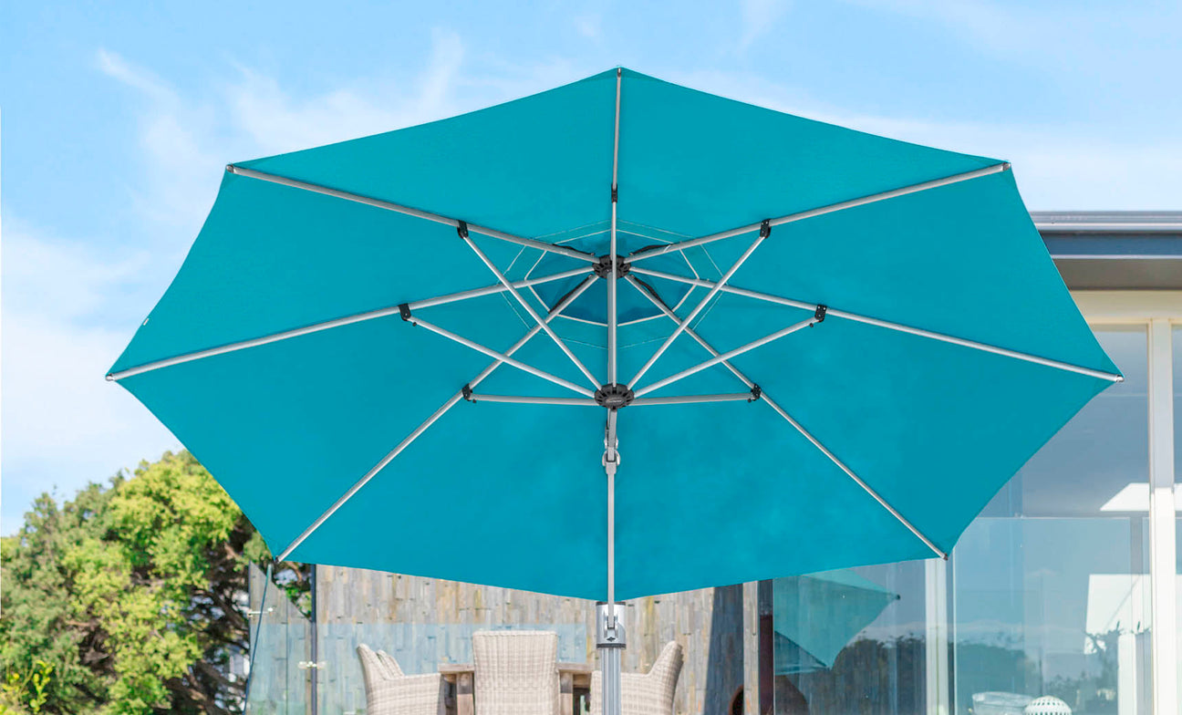 distinctly home patio umbrella PHI VILLA 15ft Large Outdoor with Base Included, Mint Green Made from high How to Get All-Day Shade