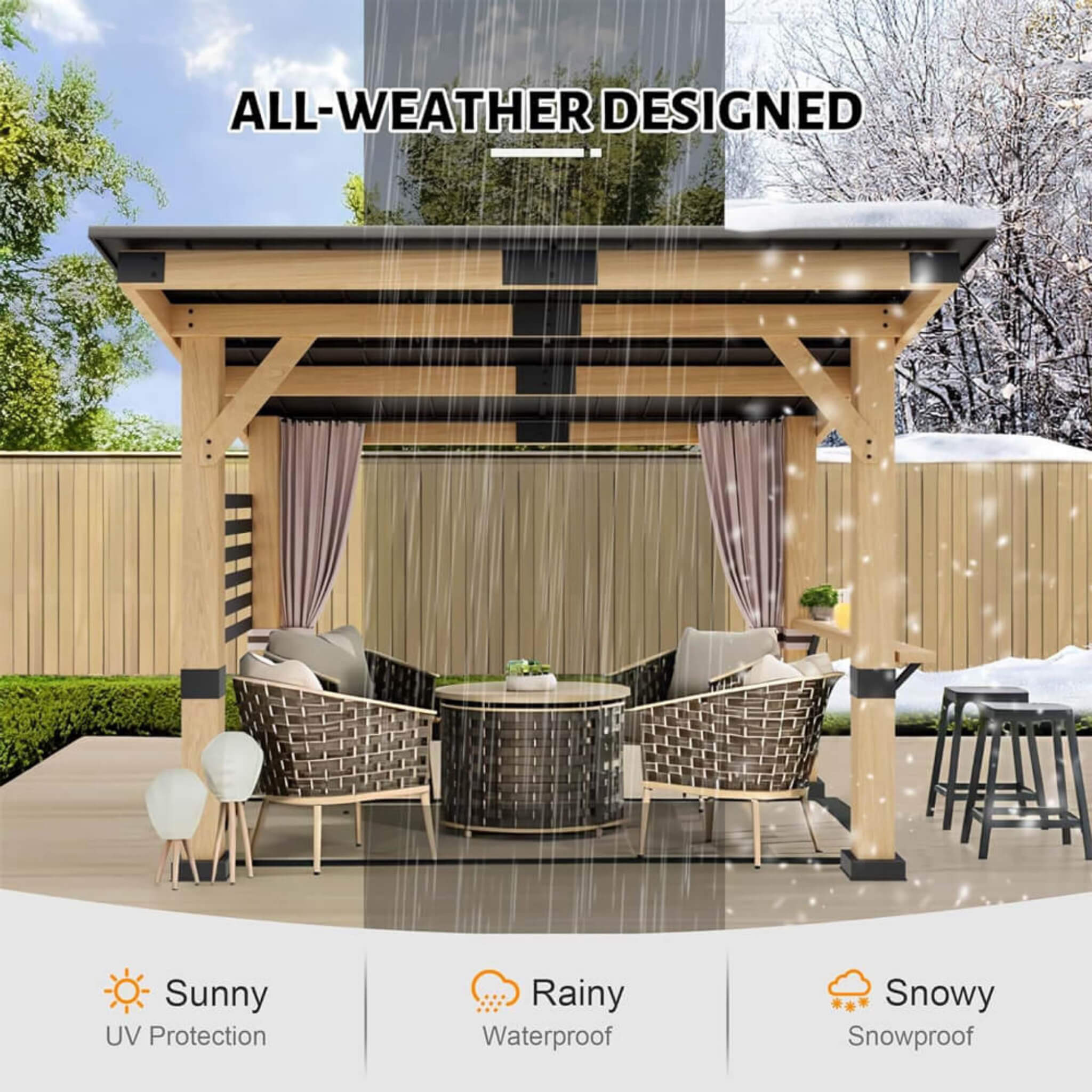 [10x12FT] Heavy Duty Premium Outdoor All-Season Wooden Cedar Hardtop Gazebo With Metal Roof & Back Curtains