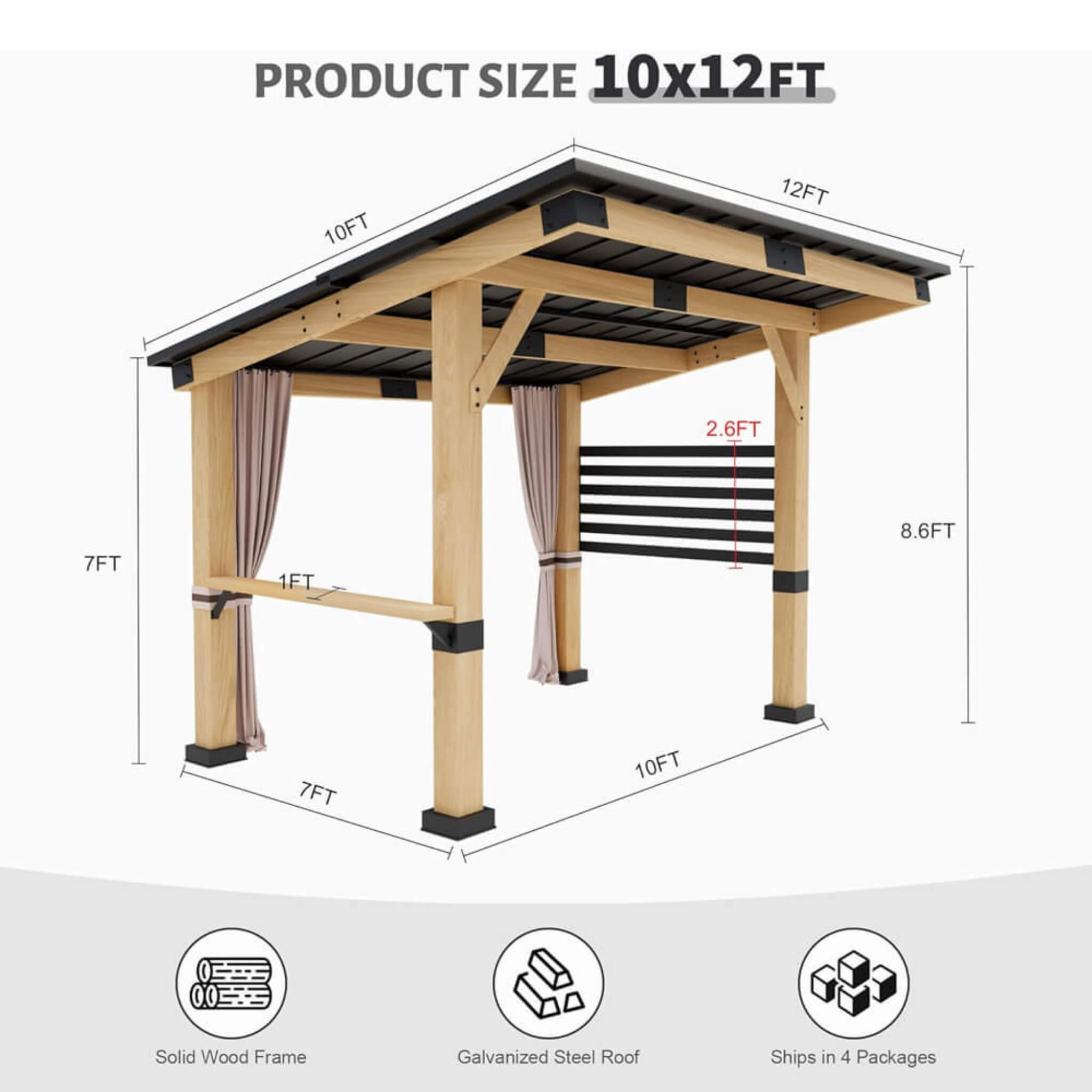 [10x12FT] Heavy Duty Premium Outdoor All-Season Wooden Cedar Hardtop Gazebo With Metal Roof & Back Curtains