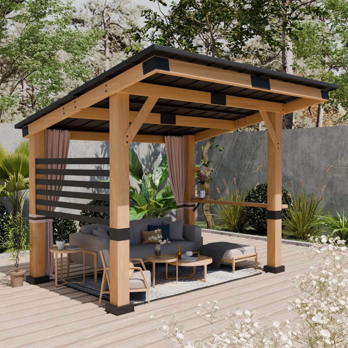 [10x12FT] Heavy Duty Premium Outdoor All-Season Wooden Cedar Hardtop Gazebo With Metal Roof & Back Curtains