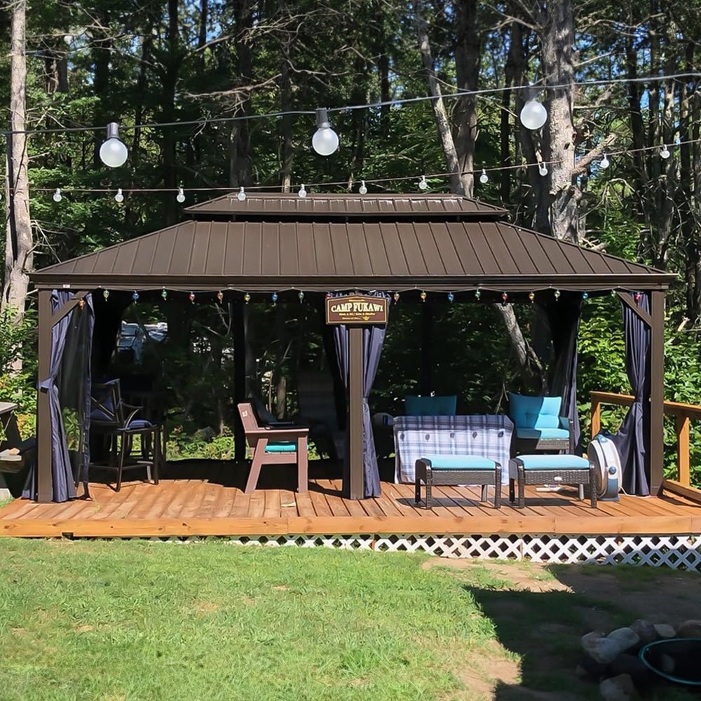 [12x20FT] Heavy Duty Outdoor Backyard Hardtop Gazebo With Netting And Curtains (97418352)