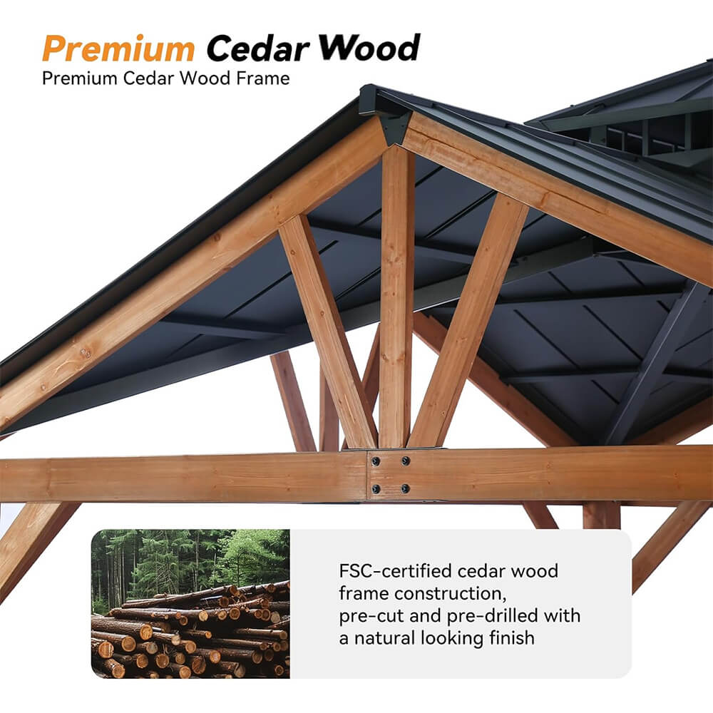 [12x12FT] Premium Outdoor Cedar Wood Hardtop Gazebo With Galvanized Steel Roof