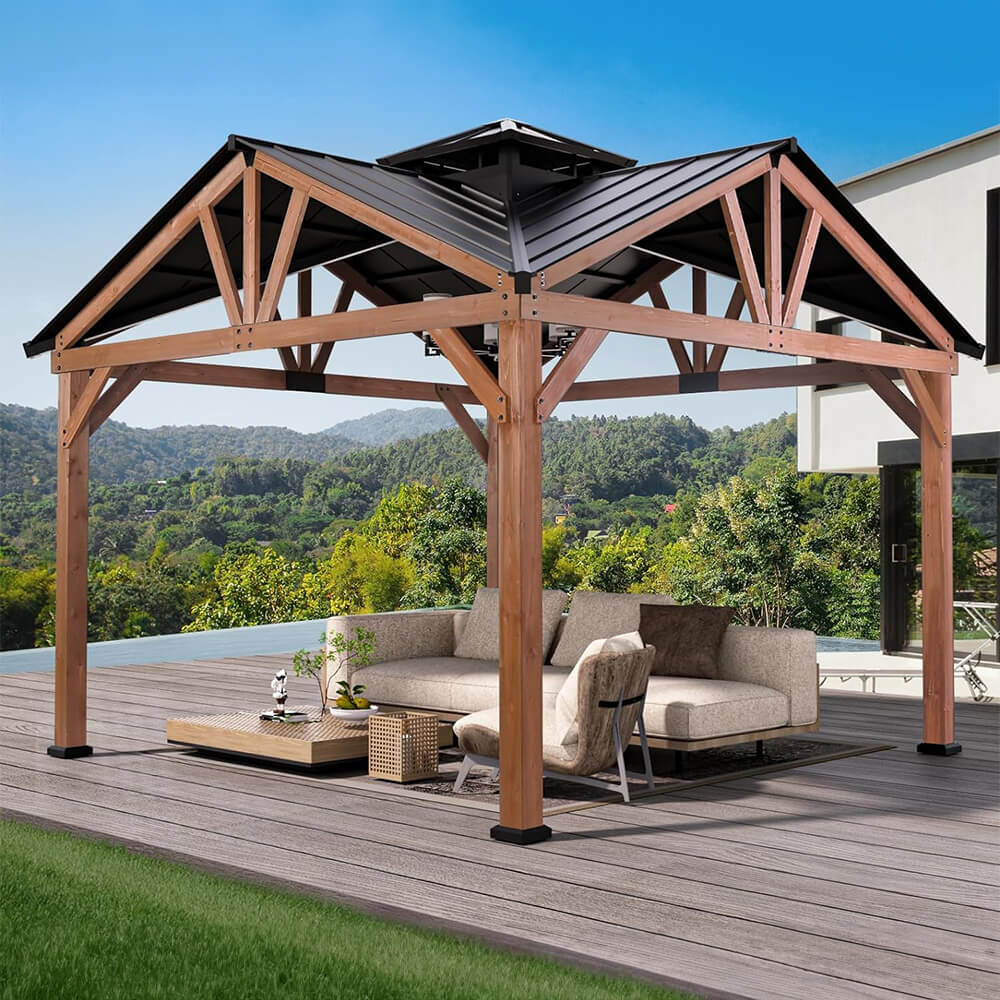 [12x12FT] Premium Outdoor Cedar Wood Hardtop Gazebo With Galvanized Steel Roof