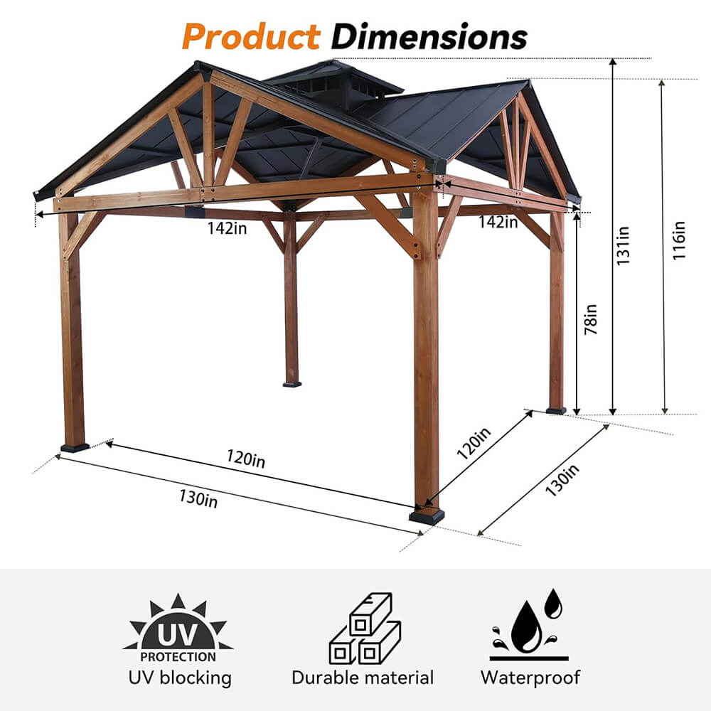 [12x12FT] Premium Outdoor Cedar Wood Hardtop Gazebo With Galvanized Steel Roof
