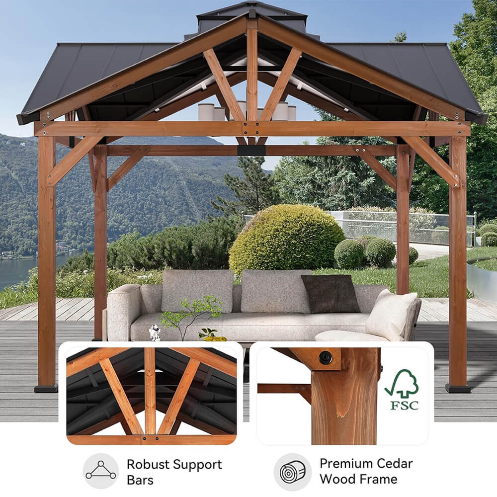 [12x12FT] Premium Outdoor Cedar Wood Hardtop Gazebo With Galvanized Steel Roof