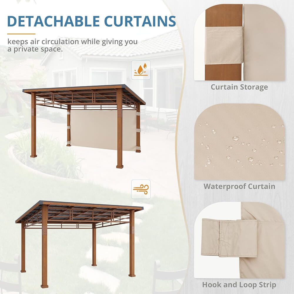 [12x14] Heavy Duty Outdoor Hardtop Wood Frame Gazebo Canopy With Metal Roof & Curtains