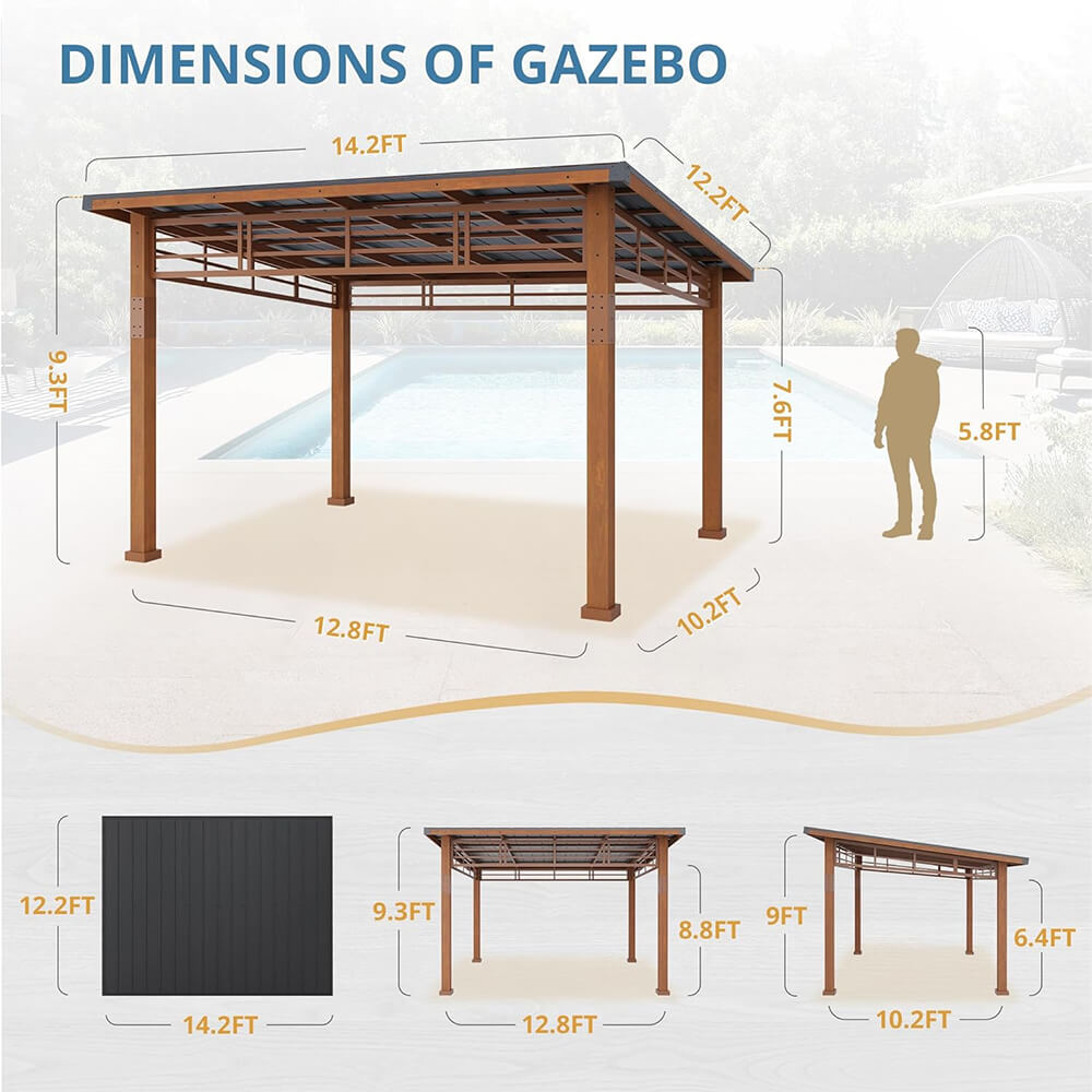 [12x14] Heavy Duty Outdoor Hardtop Wood Frame Gazebo Canopy With Metal Roof & Curtains
