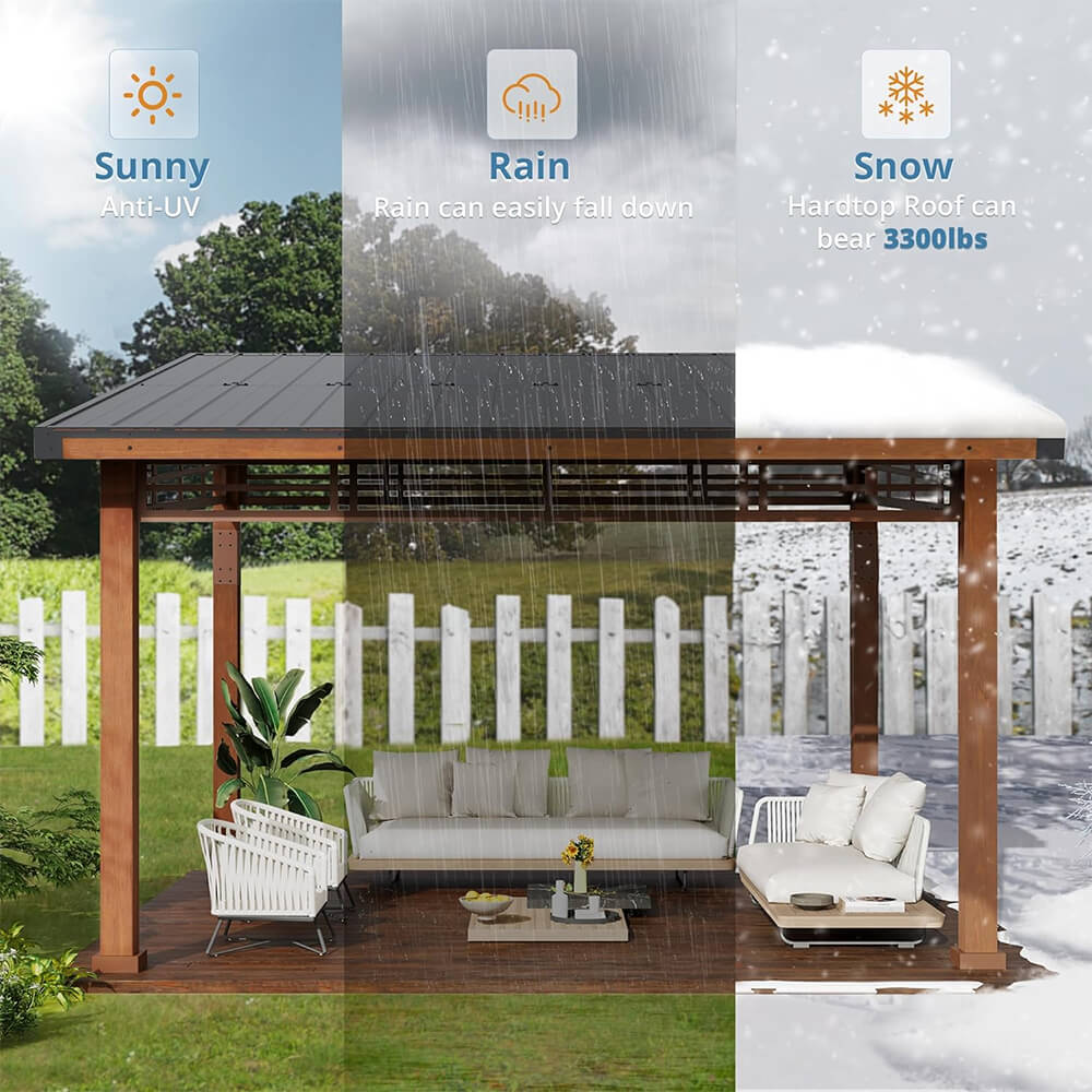 [12x14] Heavy Duty Outdoor Hardtop Wood Frame Gazebo Canopy With Metal Roof & Curtains