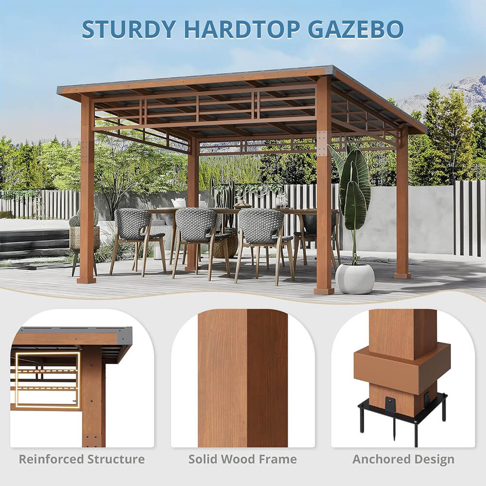 [12x14] Heavy Duty Outdoor Hardtop Wood Frame Gazebo Canopy With Metal Roof & Curtains