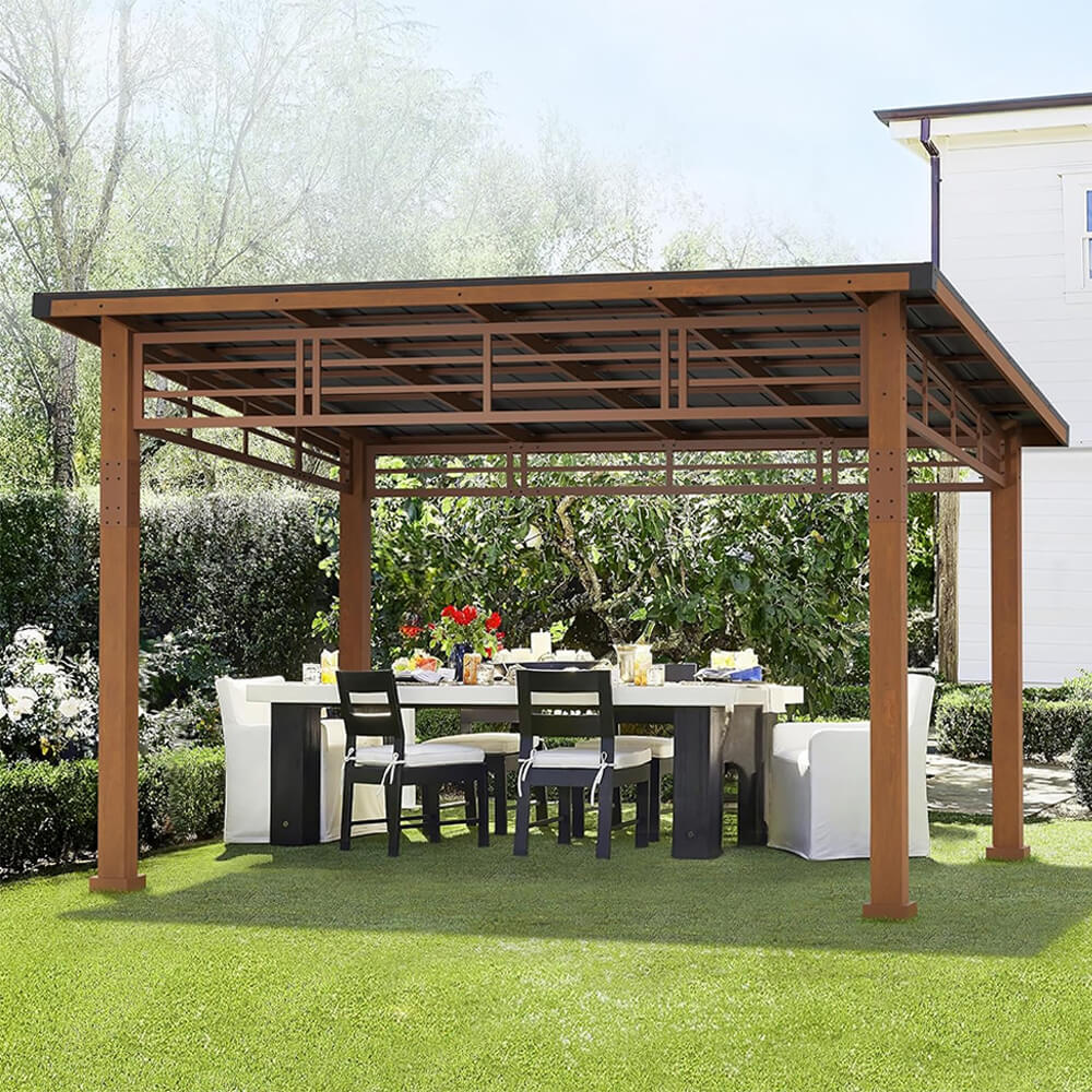 [12x14] Heavy Duty Outdoor Hardtop Wood Frame Gazebo Canopy With Metal Roof & Curtains