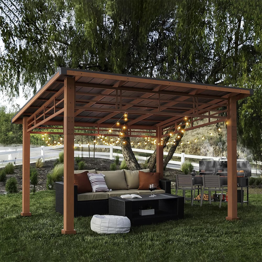 [12x14] Heavy Duty Outdoor Hardtop Wood Frame Gazebo Canopy With Metal Roof & Curtains