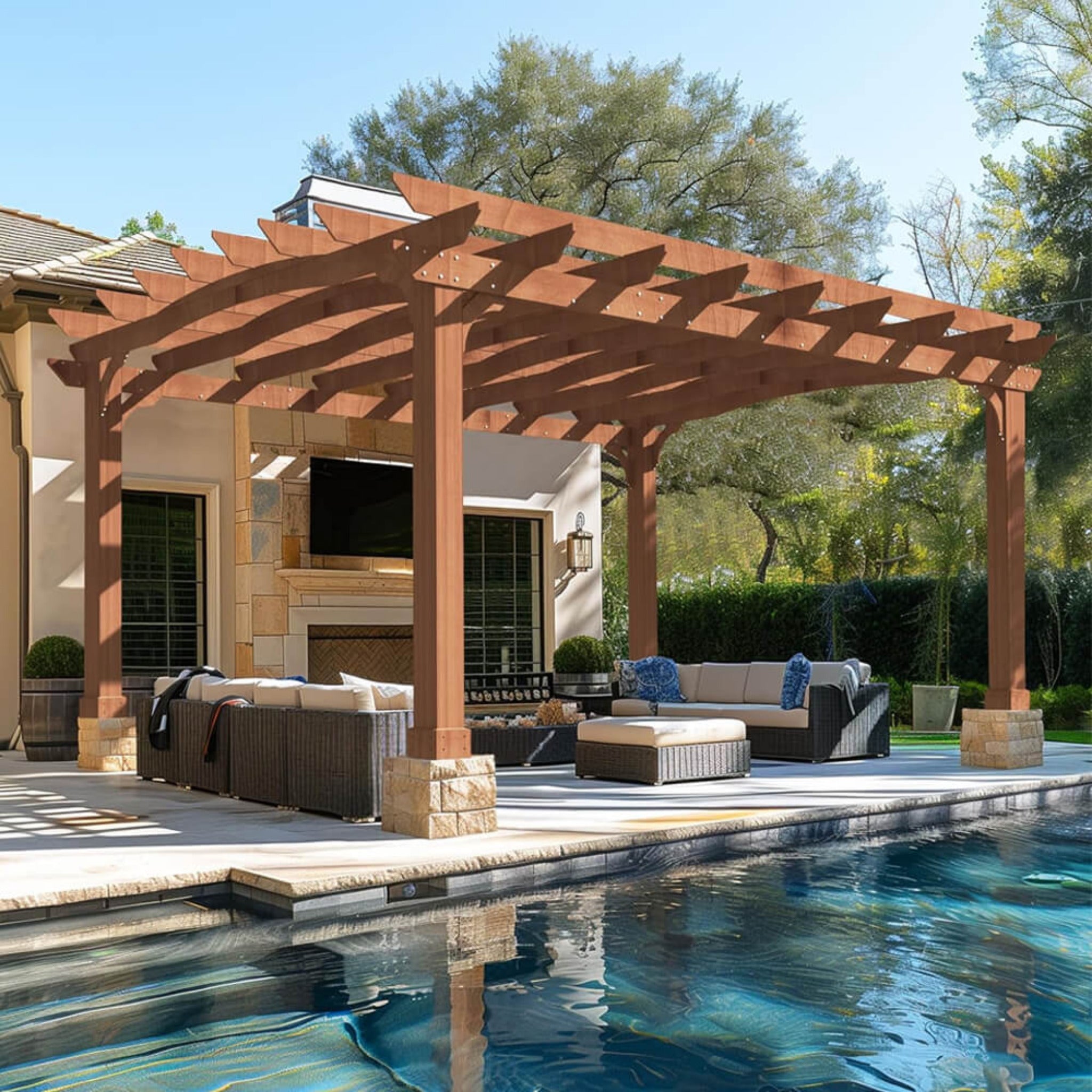 [12x14FT] Luxury Outdoor All-Season Backyard Cedar Wood Gazebo Pergola With Arched Roof And Stakes For Patios