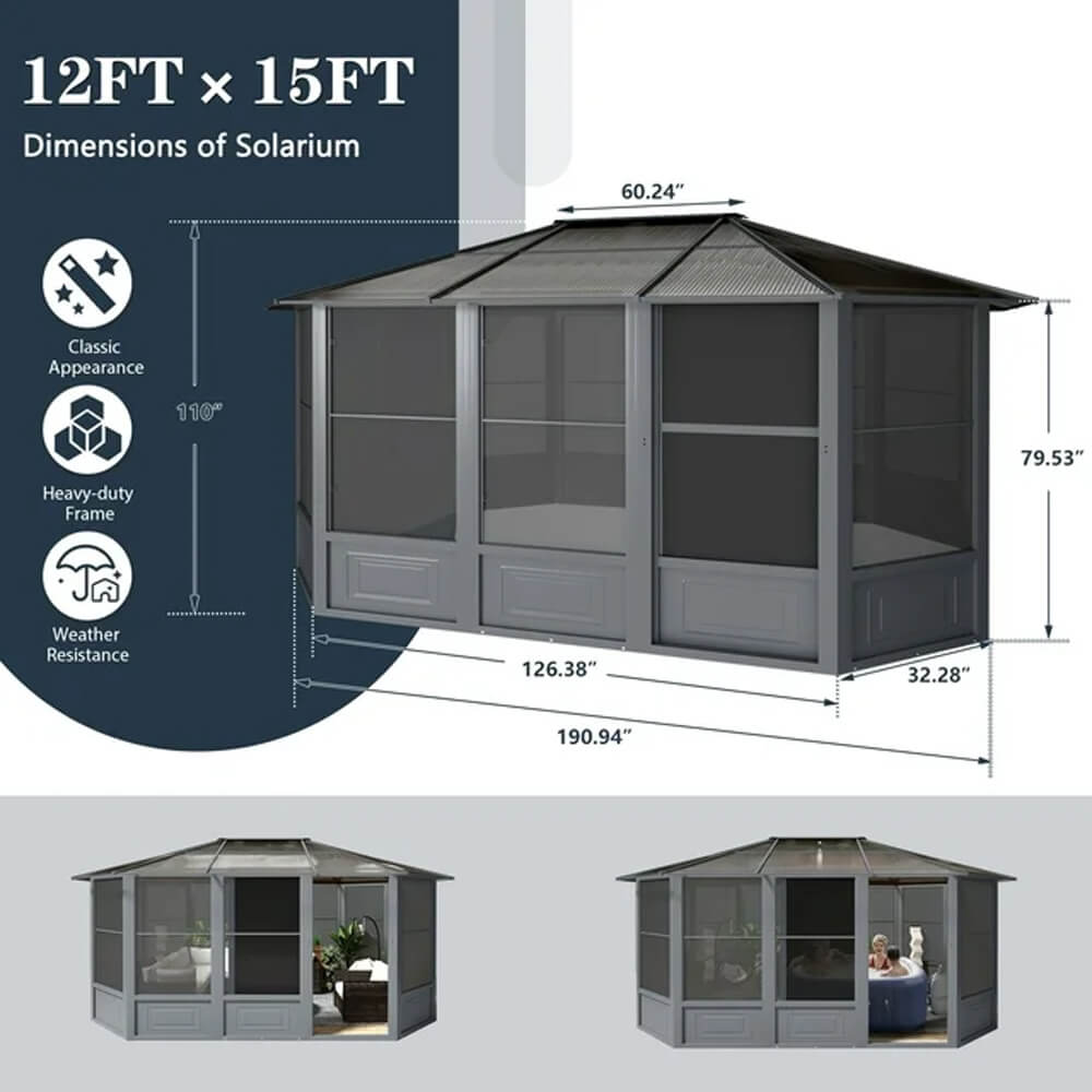 [12x15FT] Extra Large Premium Outdoor All-Season Polycarbonate Hardtop Solarium Sunroom With Sliding Doors