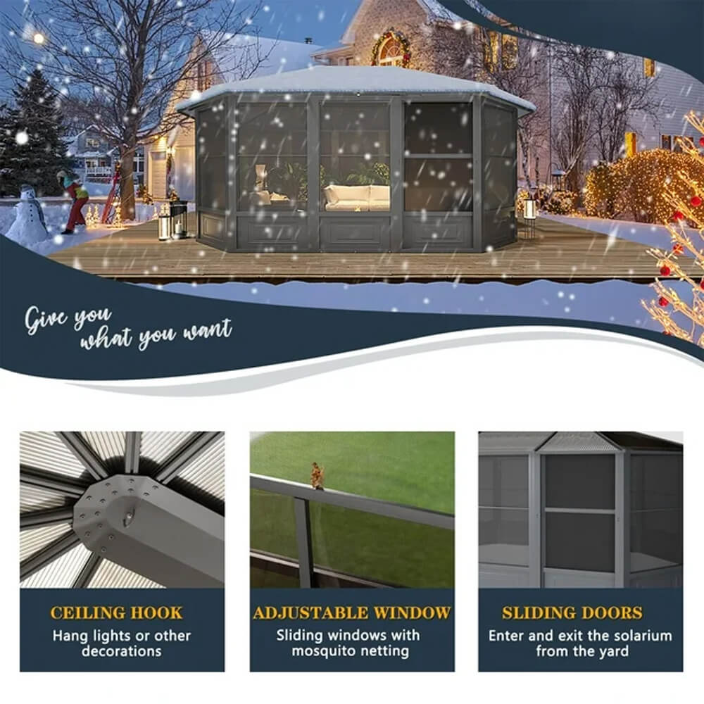 [12x15FT] Extra Large Premium Outdoor All-Season Polycarbonate Hardtop Solarium Sunroom With Sliding Doors