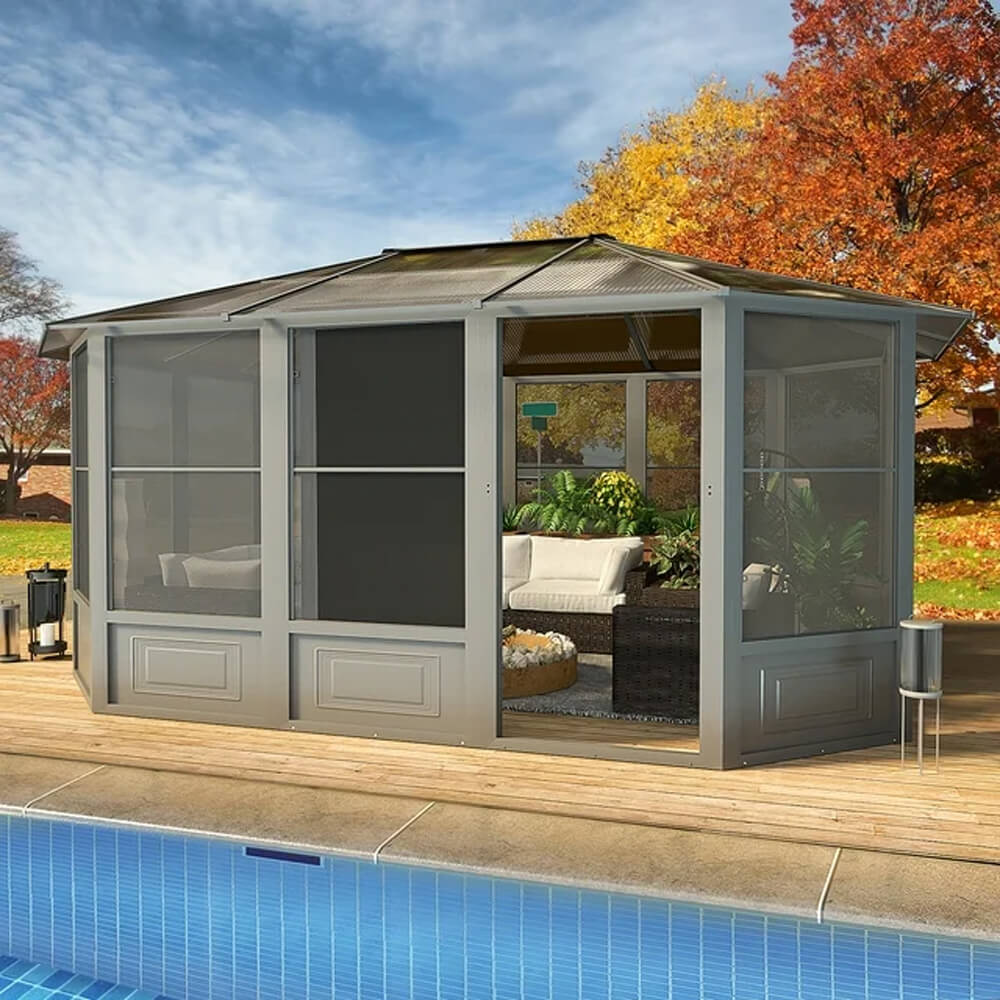 [12x15FT] Extra Large Premium Outdoor All-Season Polycarbonate Hardtop Solarium Sunroom With Sliding Doors