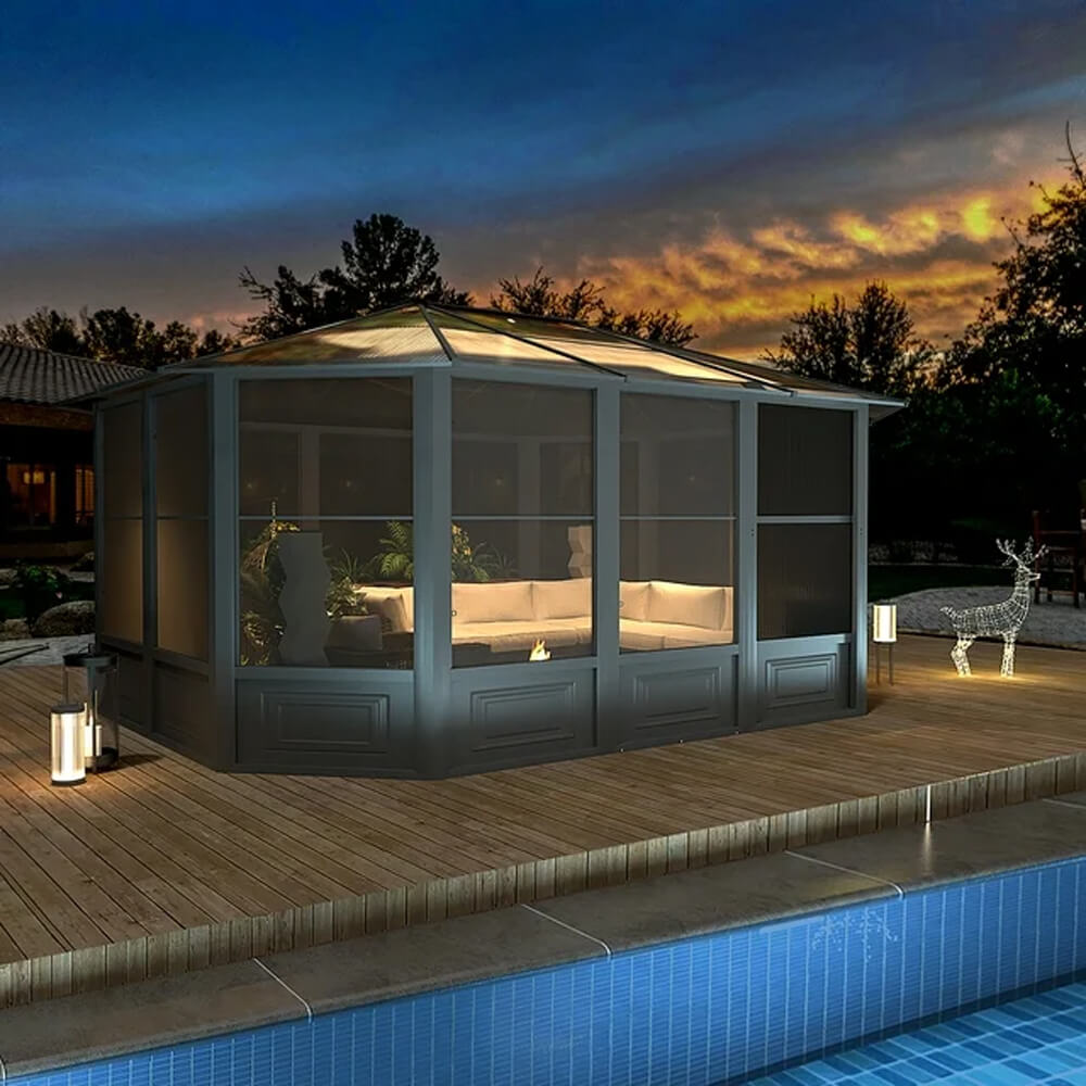 [12x15FT] Extra Large Premium Outdoor All-Season Polycarbonate Hardtop Solarium Sunroom With Sliding Doors